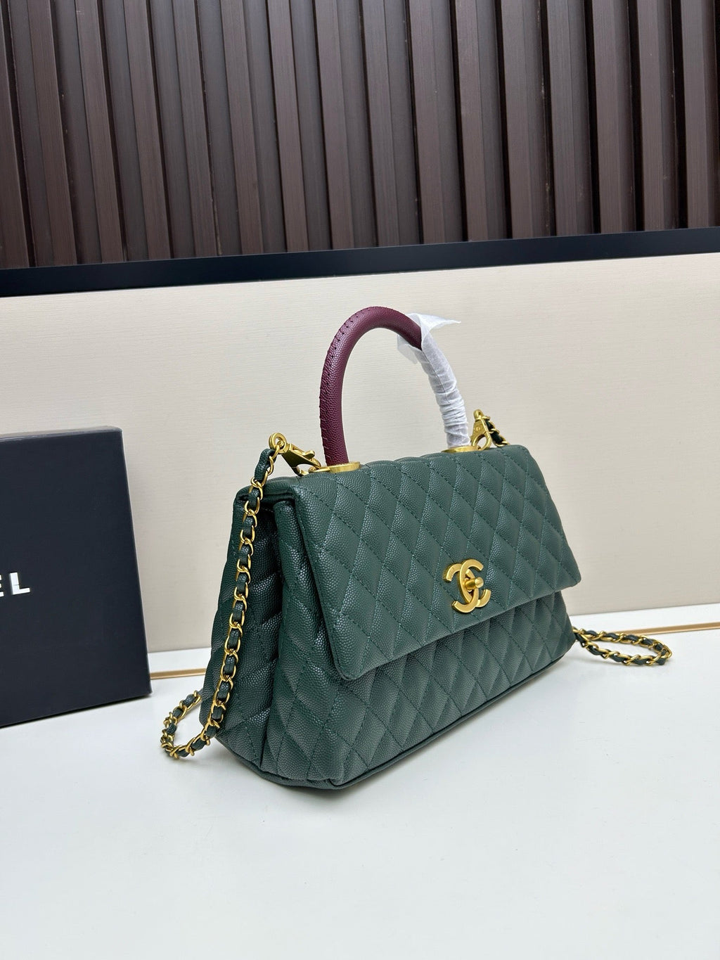 Caviar Quilted Coco Mark Handle Flap Bag Dark Green & Burgundy A92991