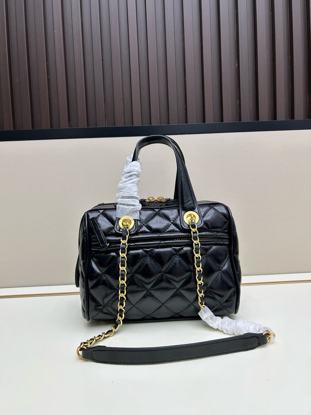 Bowling Bag Shiny Aged Calfskin & Gold-Tone Metal Black AS5242