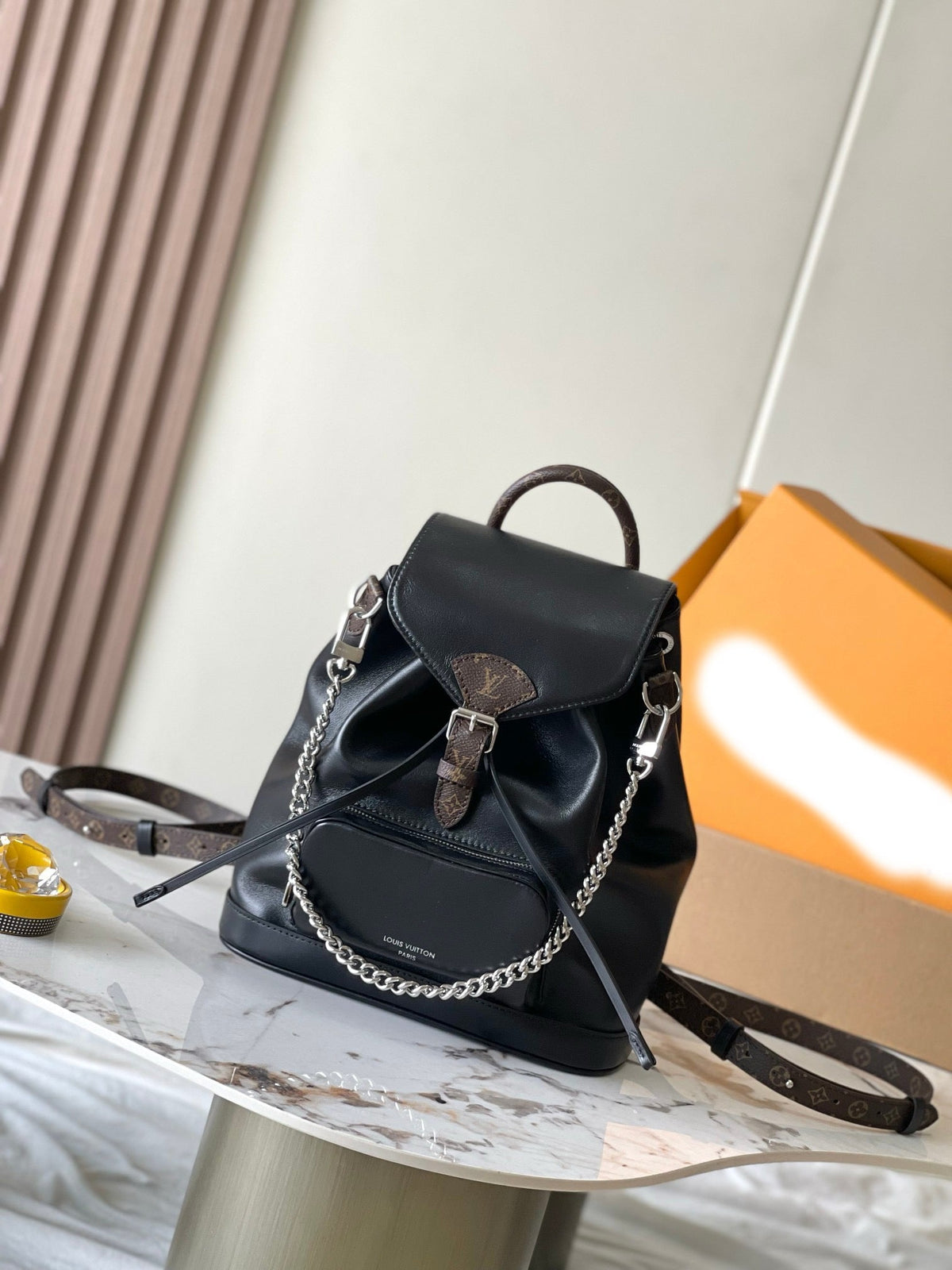 Black leather patchwork monogram backpack series