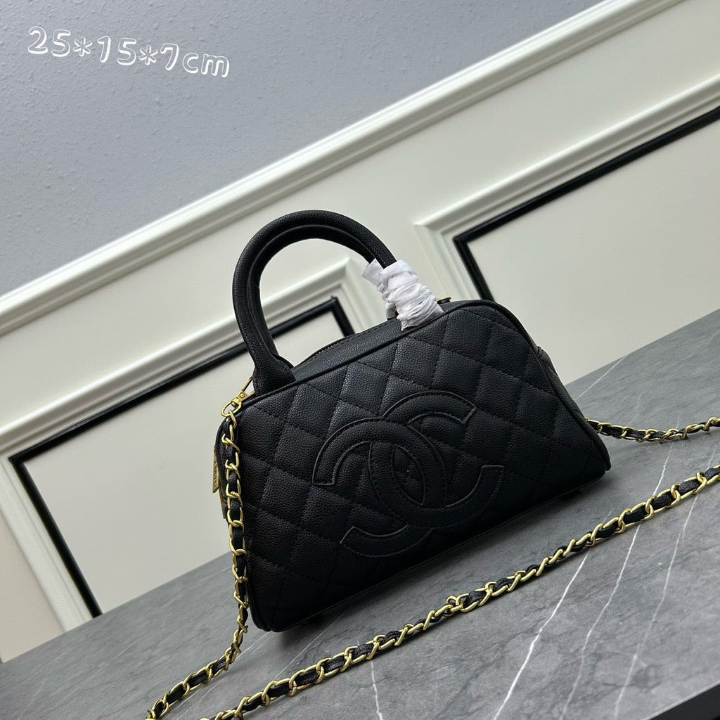 Quilted Coco Mark Mini Boston/Bowling Bag Black Grained Calfskin A20996