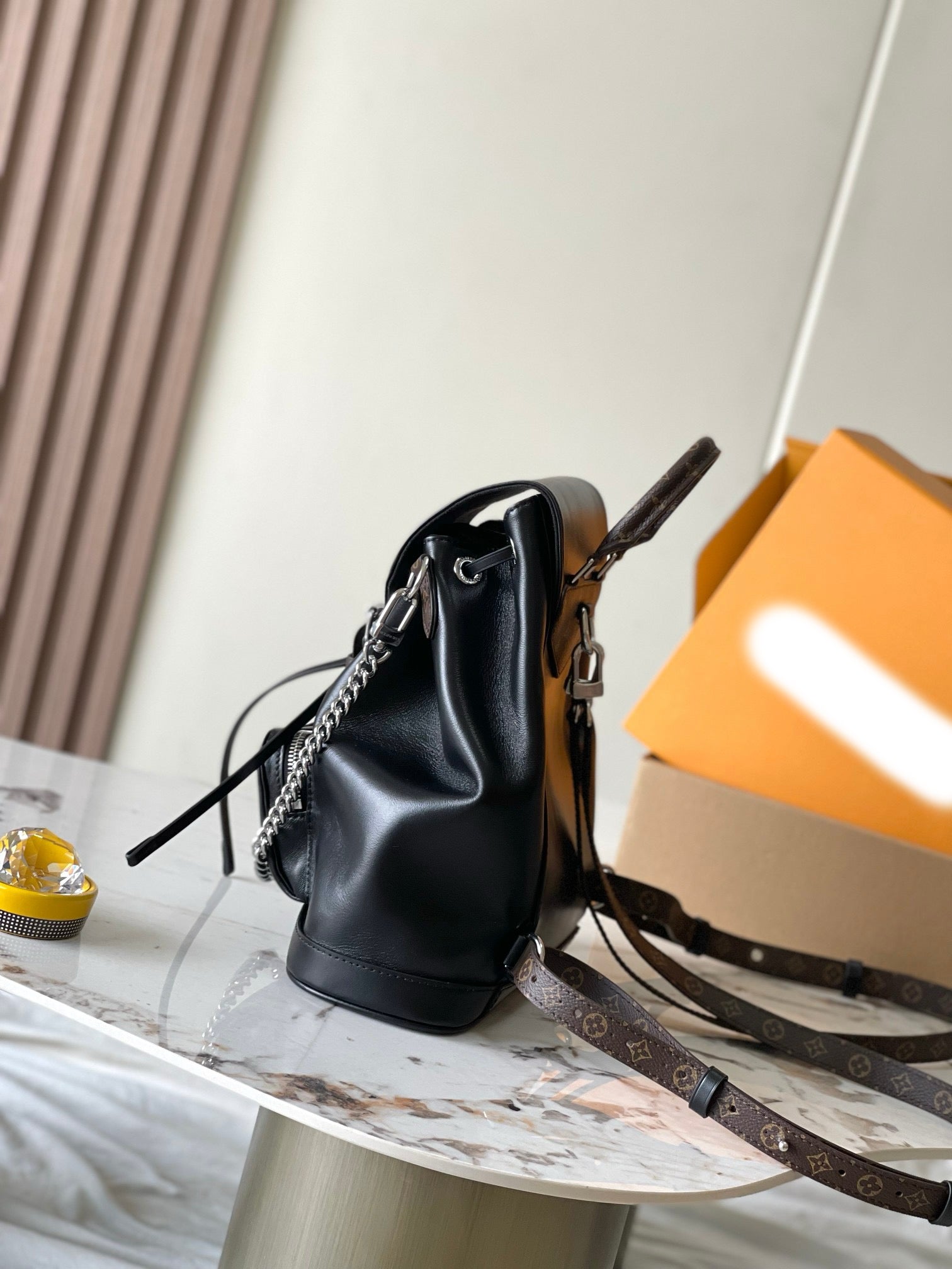 Black leather patchwork monogram backpack series