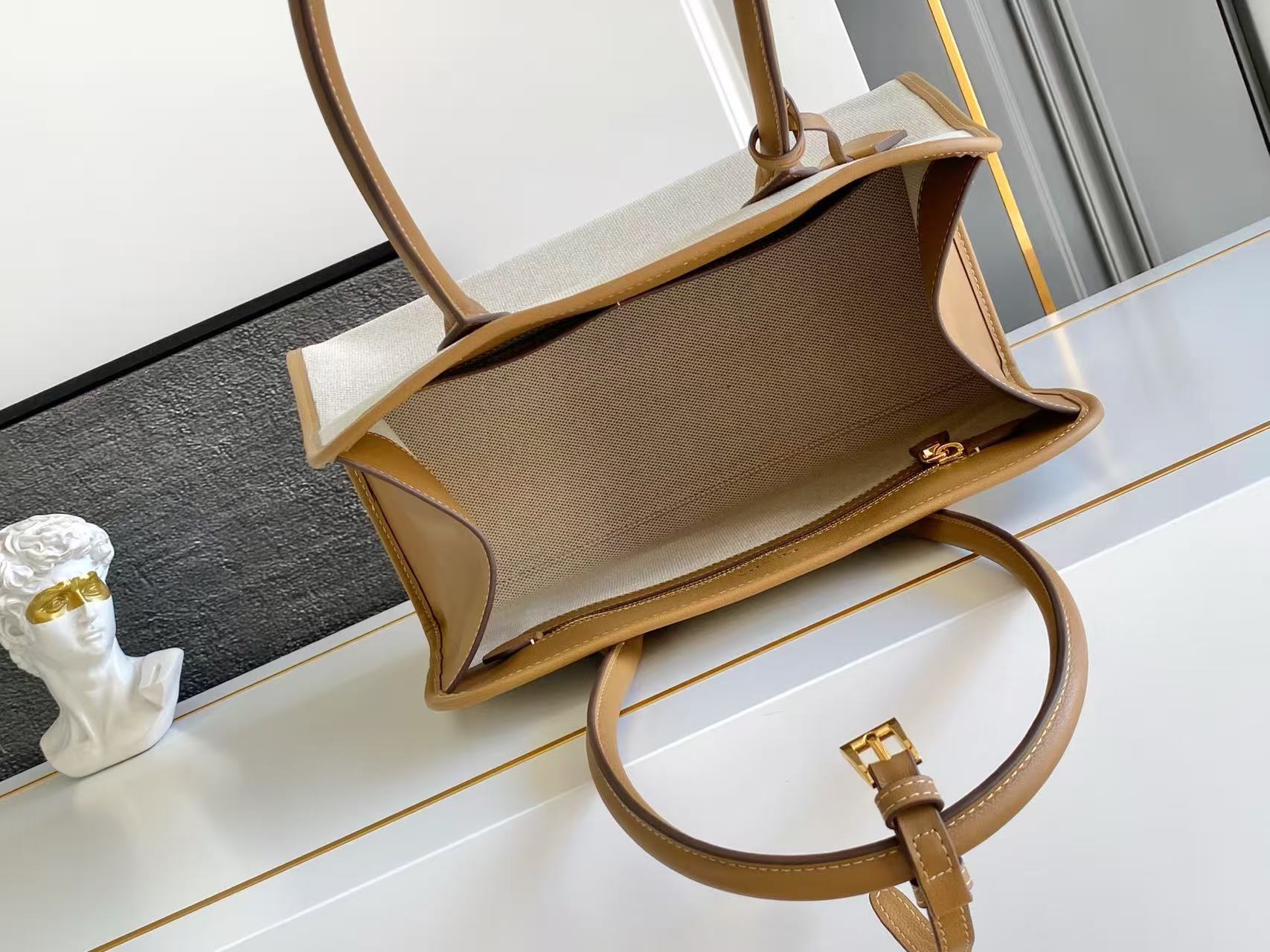 linen blend and leather tote bag