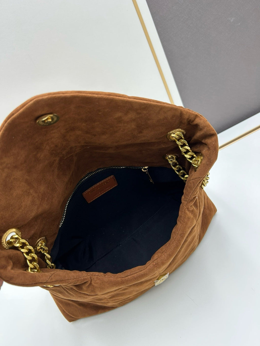 Loulou Puffer suede quilted chain bag