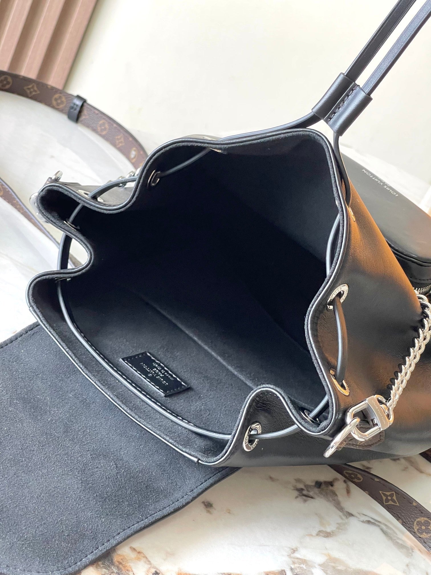 Black leather patchwork monogram backpack series