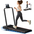 Woman running on a treadmill with a tablet stand attached, on a white background