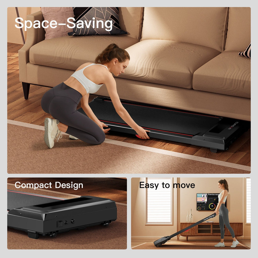Woman setting up a compact vacuum cleaner in a living room with text highlighting space-saving and easy-to-move features.