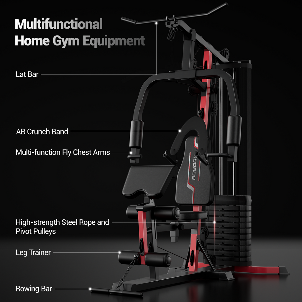 Multifunctional home gym equipment with labeled components on a black background