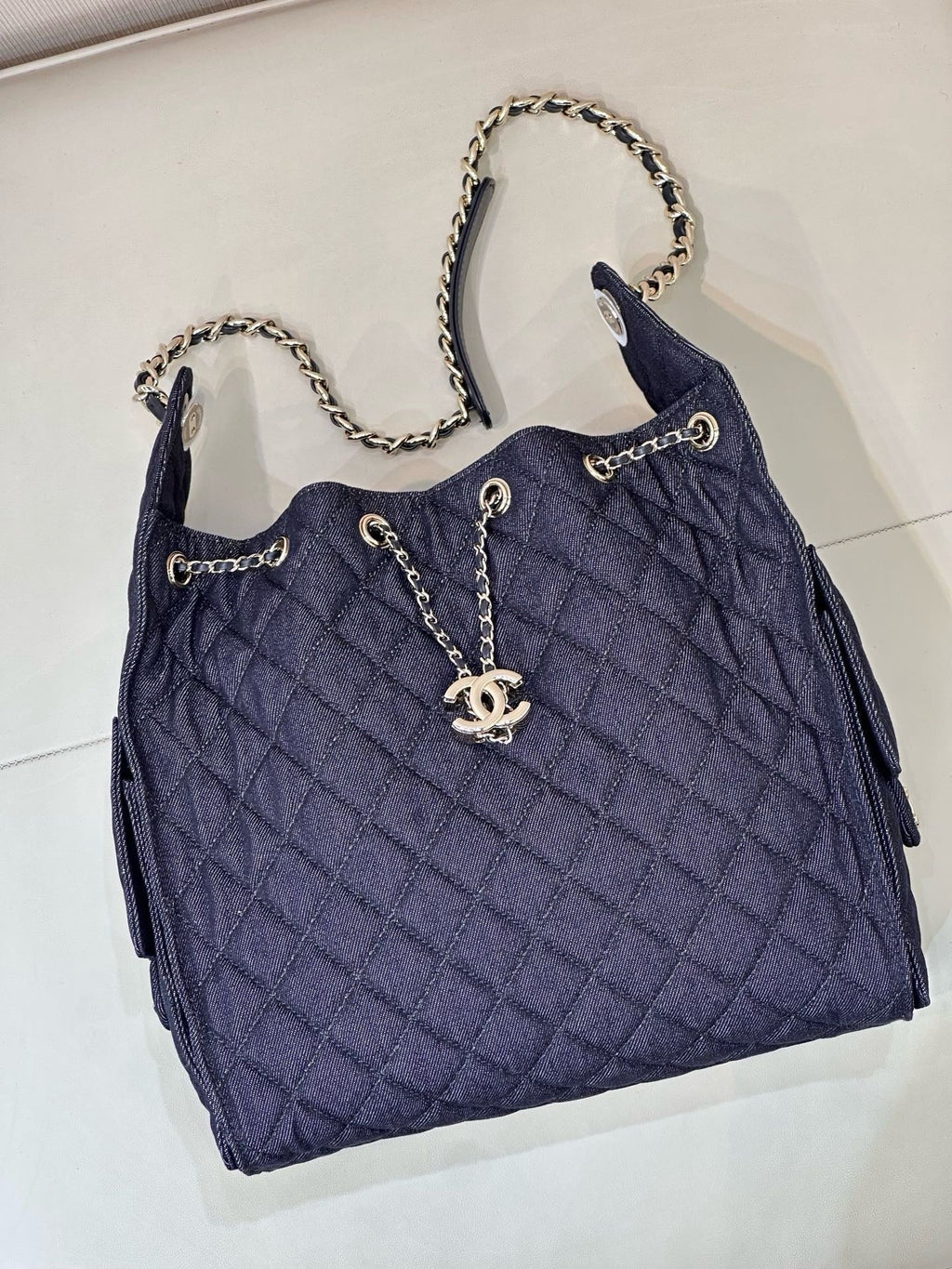 2026 Chain-Strap Tote Bag in Dark Blue Vintage Quilted Denim AS5311 B24037 U9373