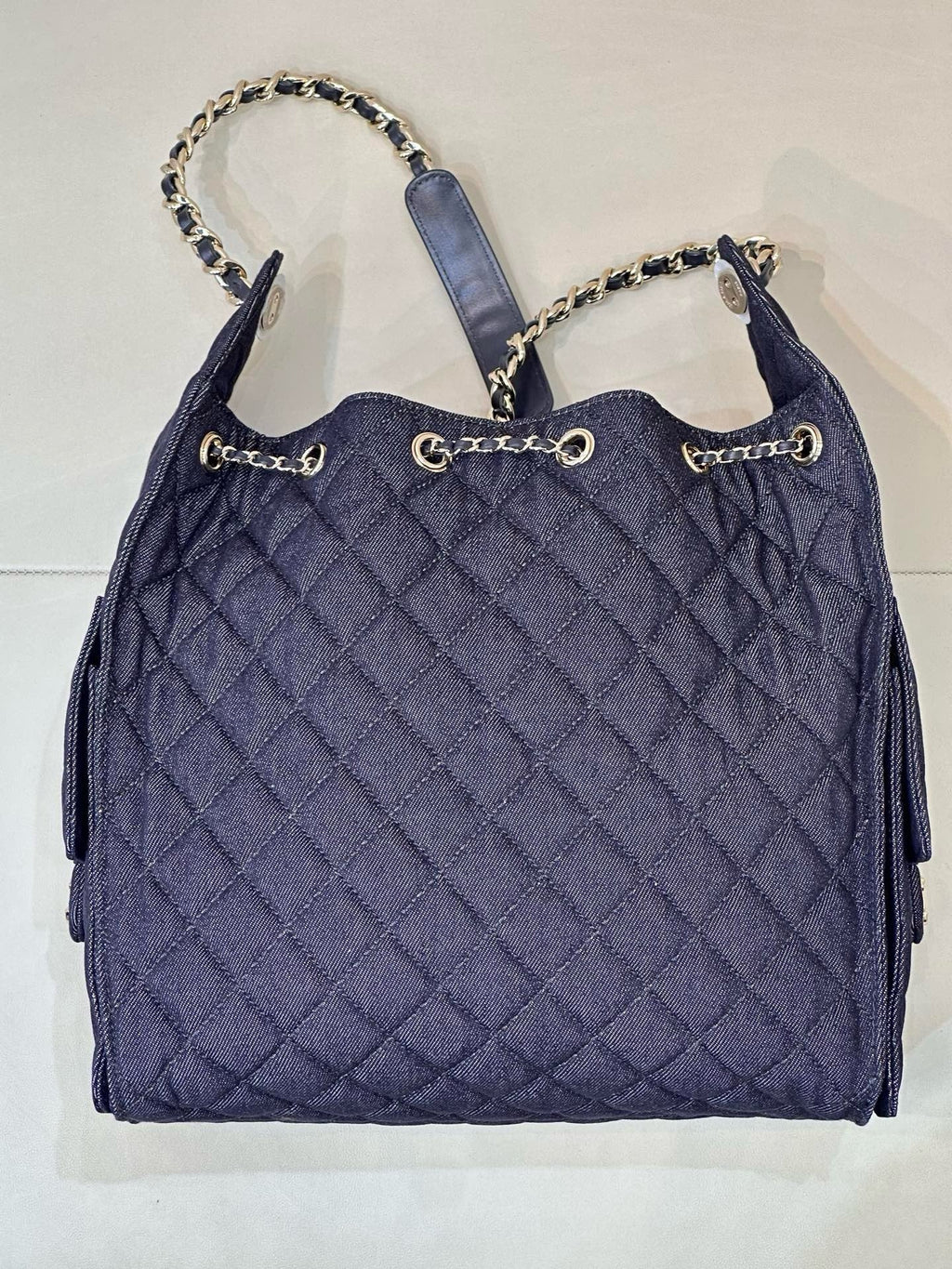 2026 Chain-Strap Tote Bag in Dark Blue Vintage Quilted Denim AS5311 B24037 U9373