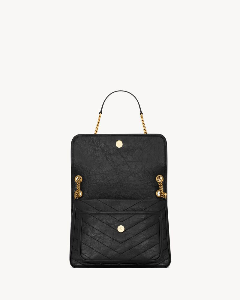 2026 Niki Small Chain Shoulder Bag in Black Vintage Leather 6331850EN071000