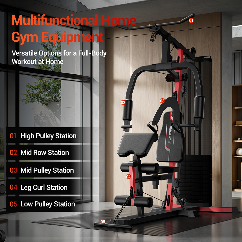 Multifunctional home gym equipment with various stations in a modern living room.